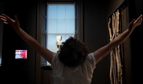 A woman with raised hands facing the window