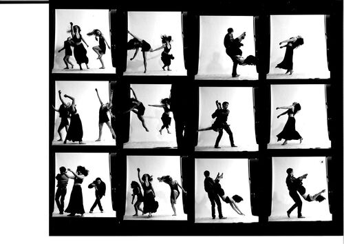 Black-and-white photos capturing modern dancers in dynamic poses against a white studio background