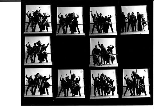 Black-and-white photos capturing modern dancers in dynamic poses against a white studio background