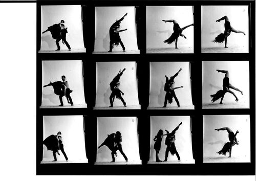 Black-and-white photos capturing modern dancers in dynamic poses against a white studio background